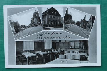 AK Fürth / Gruss aus Poppenreuth / 1930-1940er Jahre / 4 Bild Karte / Gasthaus zum schwarzen Adler / Einrichtung Möbel Theke / Strassenansichten